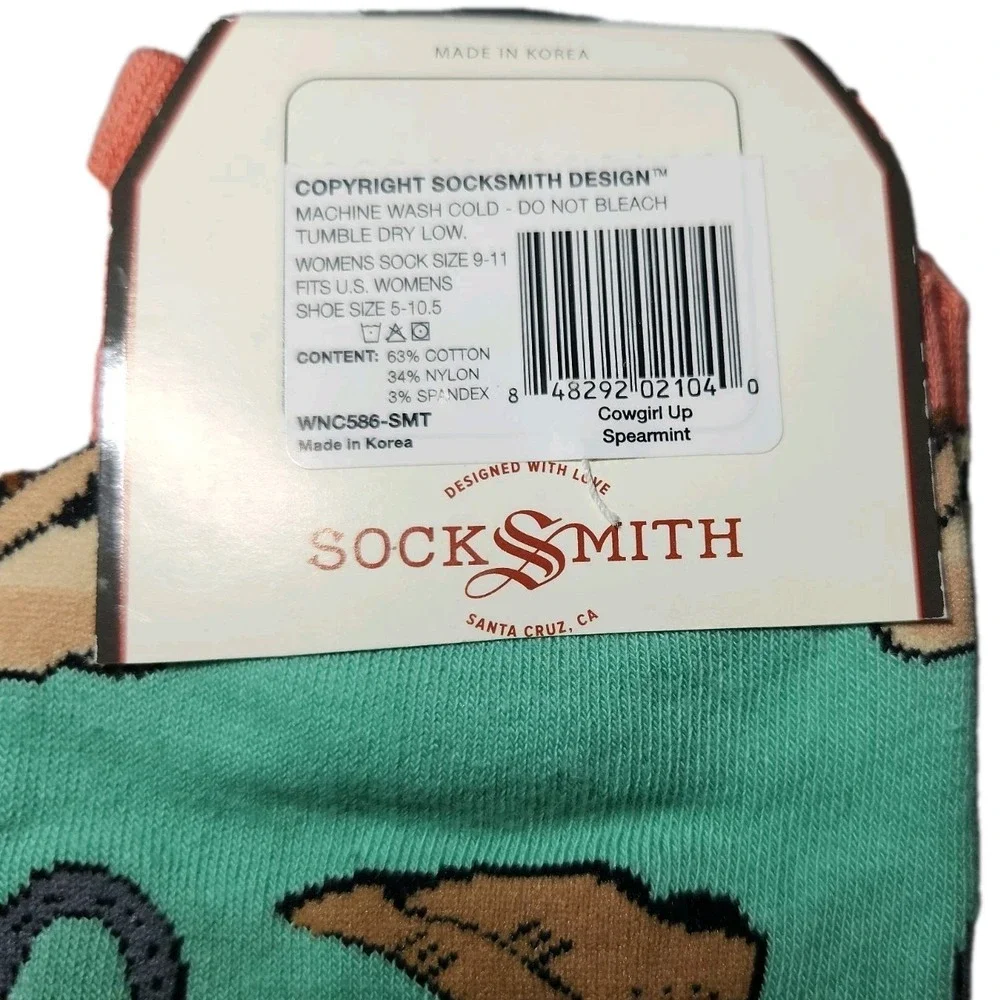 Socksmith Cowgirl Up Spearmint Graphic Cotton Crew Socks Western Boots Hat NEW